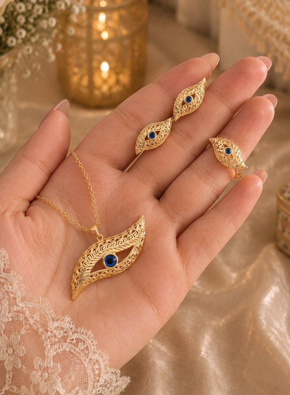 Set Œil Doré – Collier, Bague & Boucles d'Oreilles