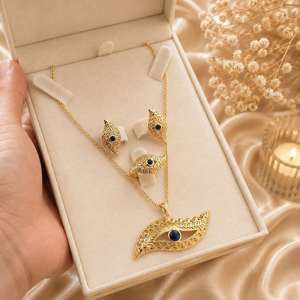 Set Œil Doré – Collier, Bague & Boucles d'Oreilles