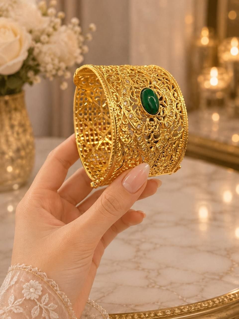 Bracelet Doré à Pierre Verte